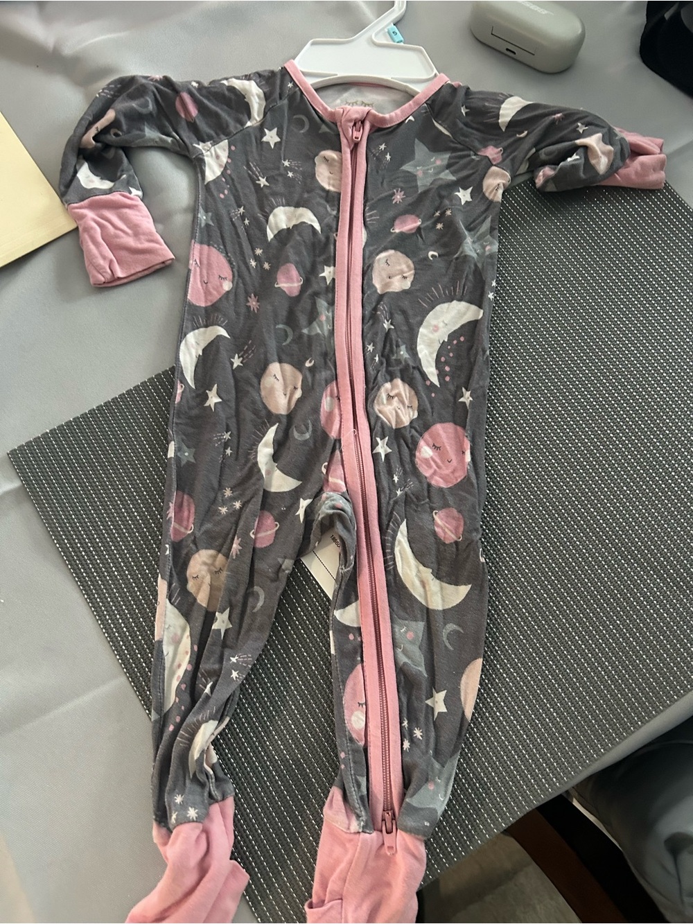 Little Sleepies Grey with Pink Trim Moon & Stars Footed Pajamas